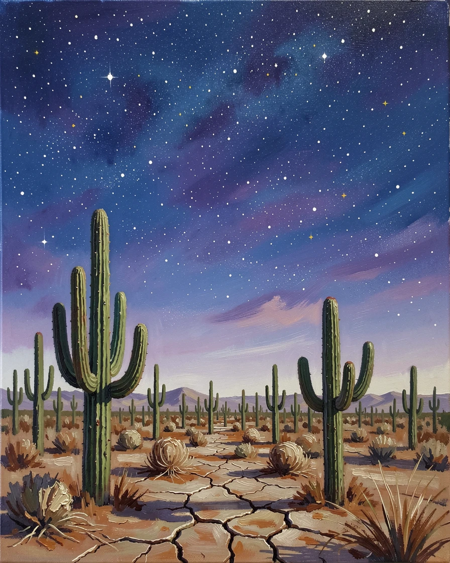 Beneath an impossibly wide, open sky, a field of towering saguaro cacti, tumbleweeds rolling across the cracked earth, under a brilliant canopy of desert stars.