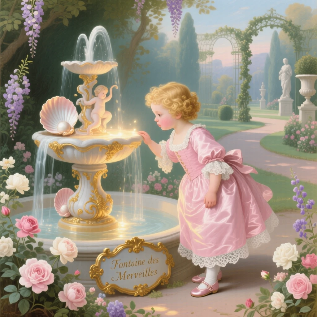 A child representing curiosity, peering into a glowing garden fountain  