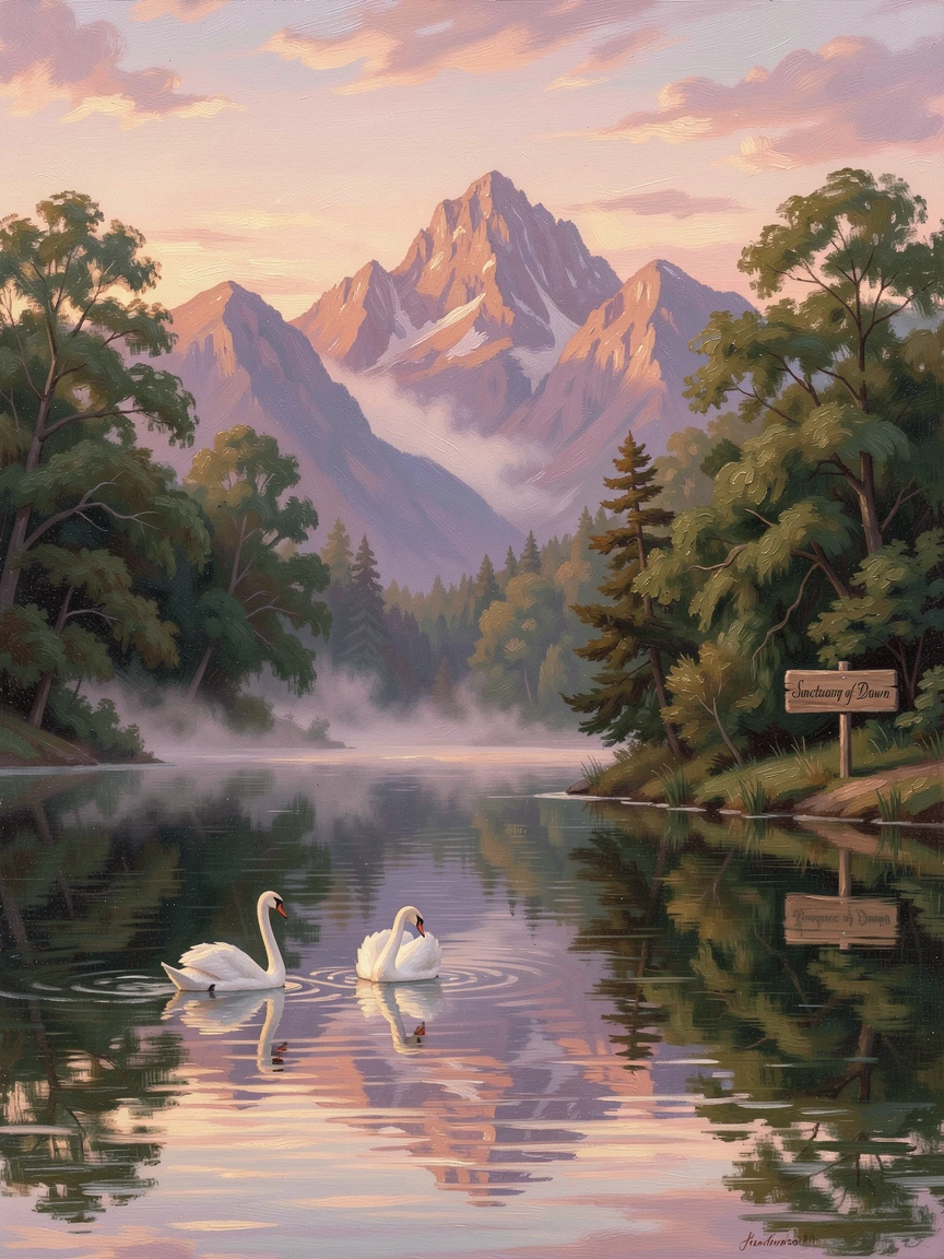 A pair of swans glide across a still lake at dawn.