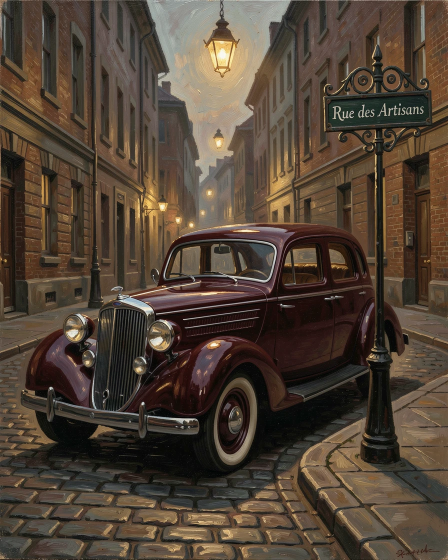 A polished vintage car parked beneath the glow of city streetlights, with rich, deep colors adding a sense of opulence, radiating warmth, richness, and understated opulence