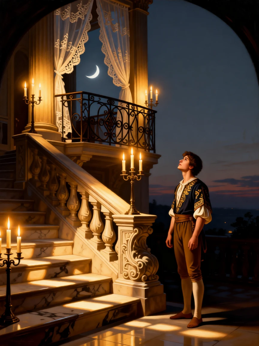 Romeo gazing up toward Juliet's candlelit balcony at the exact moment magic and reality intertwine, set beside a grand staircase lit by flickering candelabra, with a crescent moon rising behind delicate lace curtains; soft vignetting draws focus to the storyteller at the scene's heart, capturing the enchantment of tales passed down through generations.
