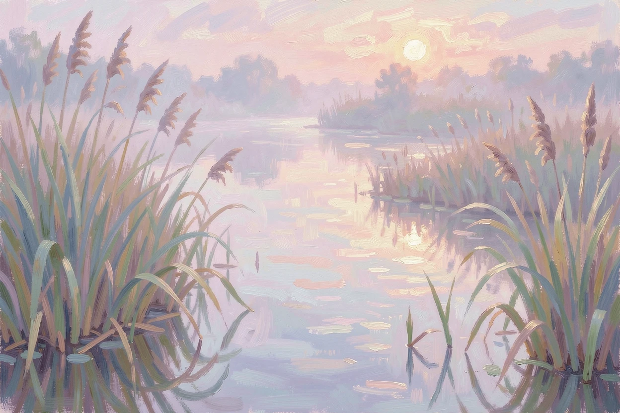 A quiet marsh at dawn, reeds swaying gently as mist drifts low over still, glassy water, inspiring awe at the beauty of the scene.