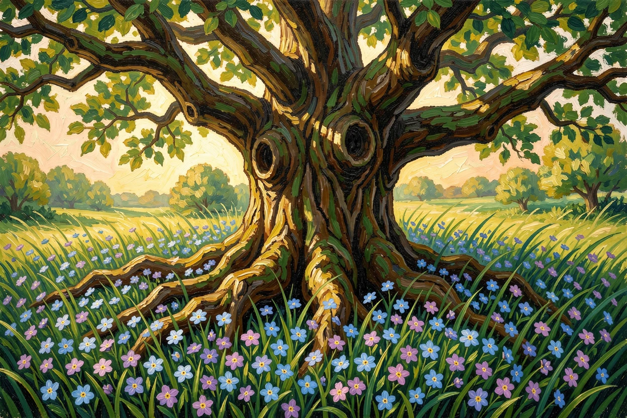 A meadow of wild forget-me-nots carpeting the base of an ancient oak tree.