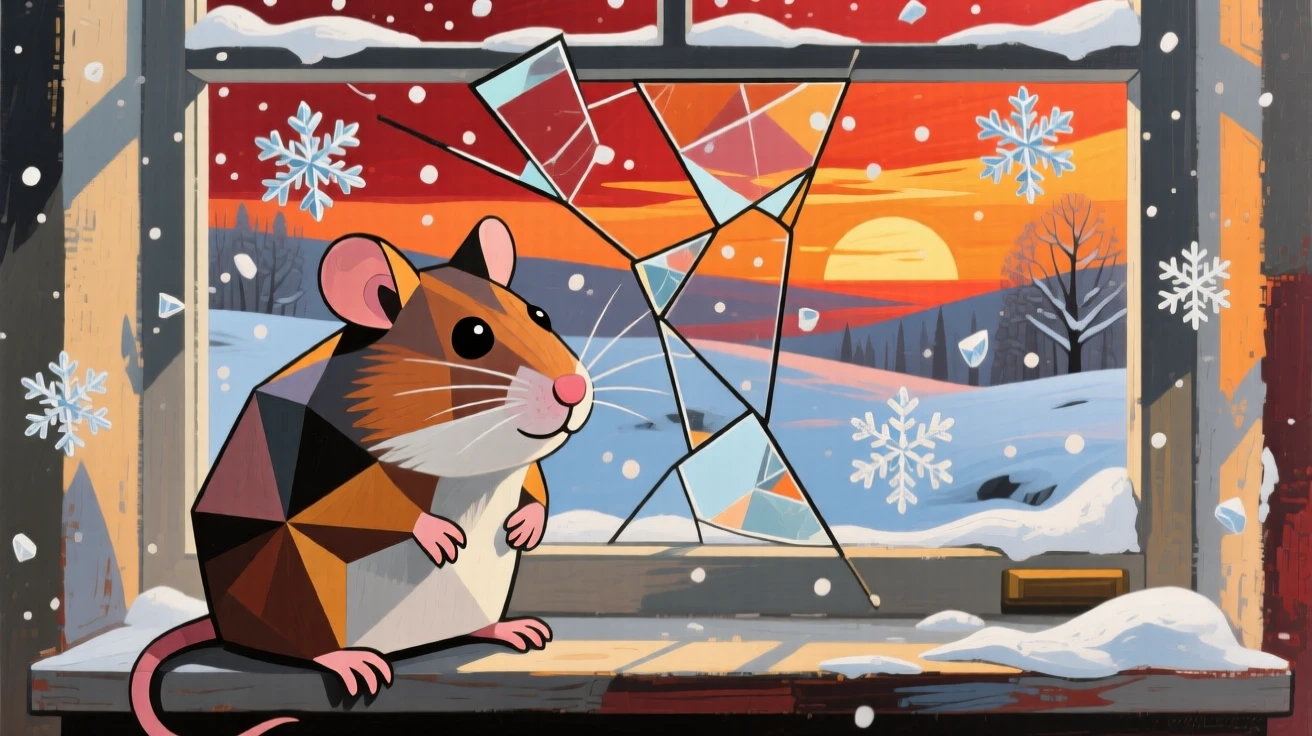 A charming portrait of a tiny hamster resting on a windowsill watching falling snow, just before sunset.