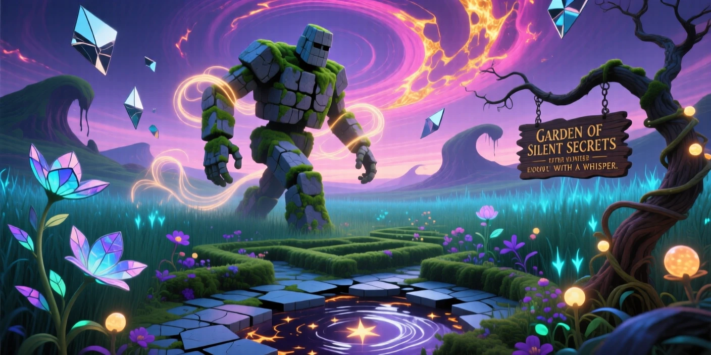 A golem of stone and moss tending a quiet garden alone moves gracefully through a field of tall glowing grass, while wisps of light curl gently around its form.