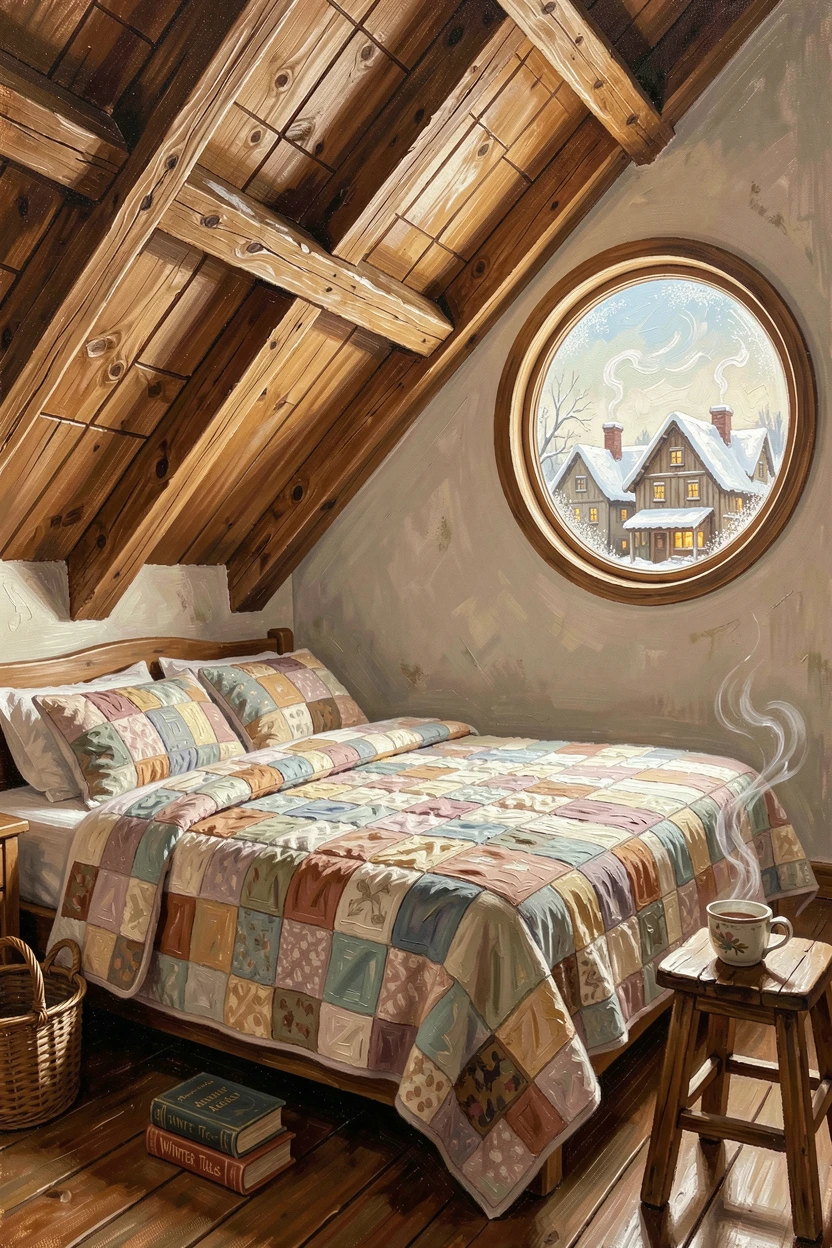A cozy attic bedroom shows sloped wooden beams, a soft quilted bed, and a round window overlooking a snow-covered village below, the composition balancing grand scale with intimate, human-sized details throughout the frame.