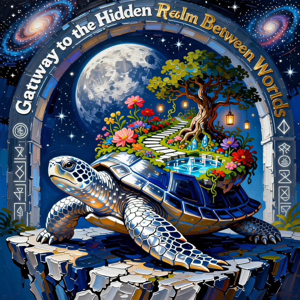 a colossal moon turtle carrying a floating garden guarding the entrance to a hidden realm between worlds