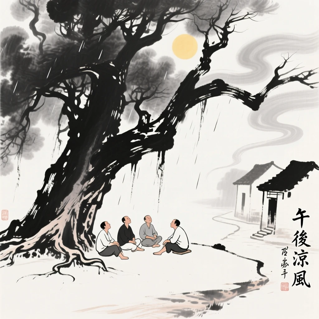 Villagers rest in the shade of a banyan tree during the midday heat, with mist rising after a sudden afternoon shower.