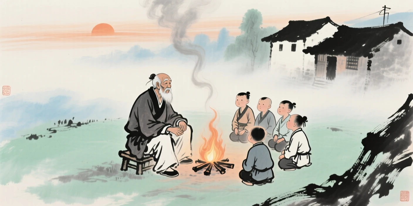 A village elder recounting old legends to children gathered by a fire, full of quiet reverence, at dawn, through a light drifting mist.