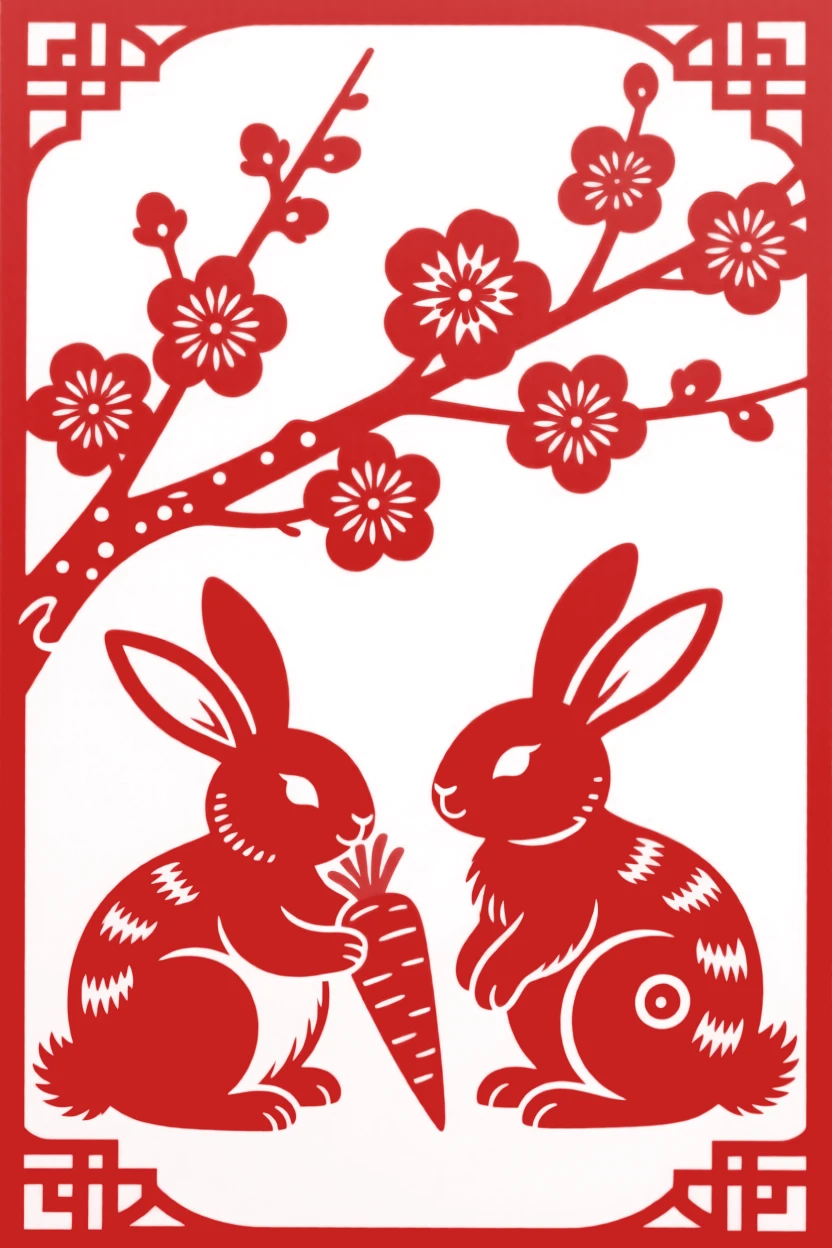 A pair of playful rabbits nestled beneath a blooming plum branch, one nibbling on a carrot, the other alert with ears raised