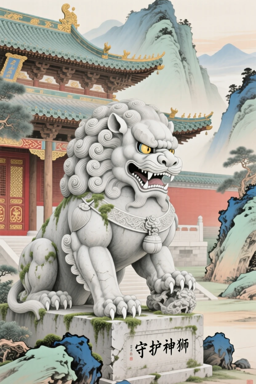 A stone guardian lion statue coming to life over an ancient mountain temple
