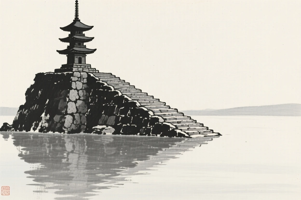 An ancient stone pagoda at the top of a long stone staircase, seen from across still water, reflected on the surface, suggesting timeless craftsmanship and peaceful tradition.