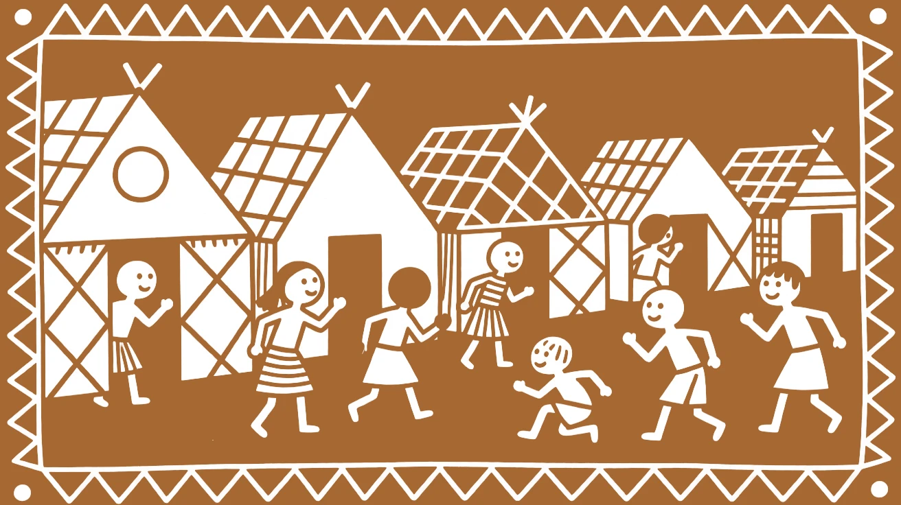 A group of children on a school break playing hide and seek behind a row of huts.
