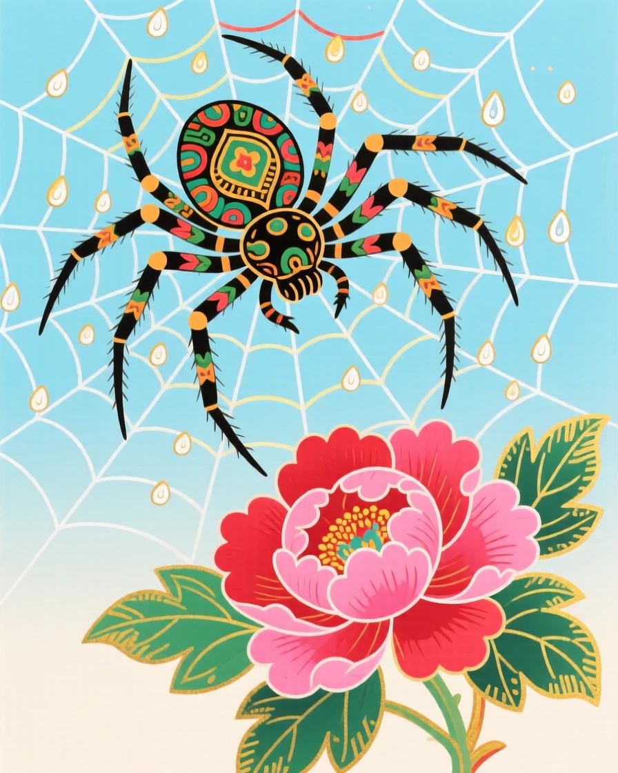 A spider spinning a dew-covered web resting on a blooming peony.