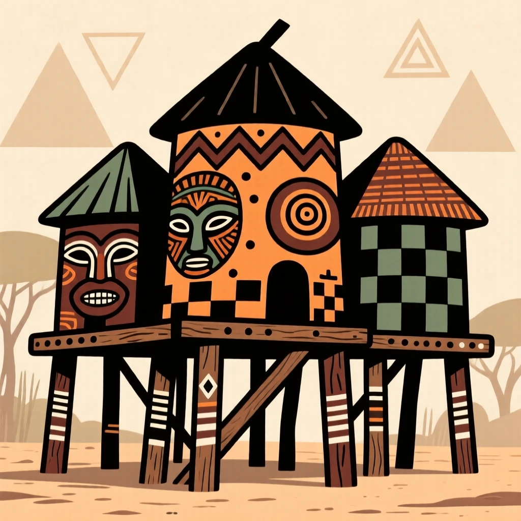 A cluster of granaries raised on wooden stilts.