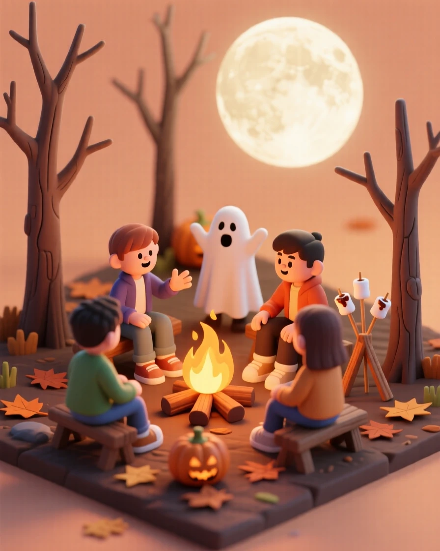 A Halloween bonfire gathering with friends telling ghost stories, marshmallows toasting, and a full moon rising behind bare trees.