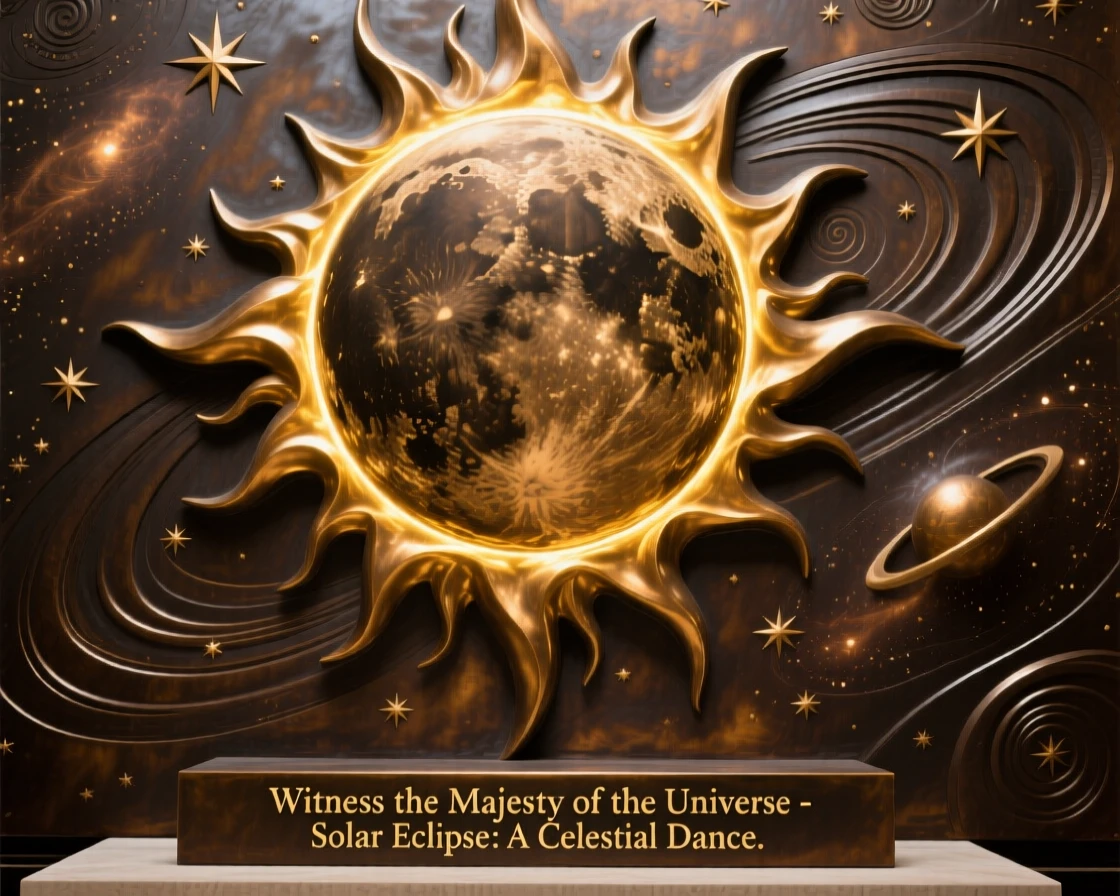 A dramatic solar eclipse casting a golden ring across the sky, rendered with vast cosmic scale and radiant color, evoking wonder at the universe