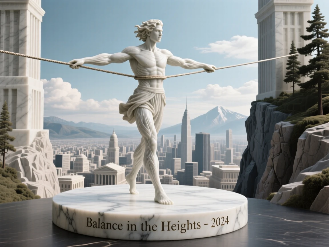 An evocative depiction of a tightrope walker balanced high above a city, framed by dramatic natural scenery, balancing detail with emotional depth