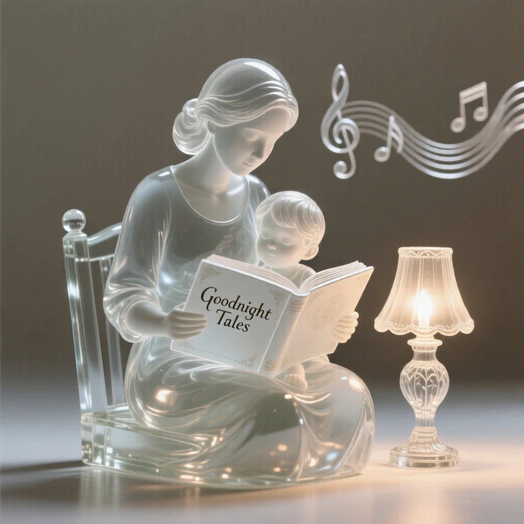 With distant music drifting faintly through the air, a mother reading a bedtime story to her child by lamplight