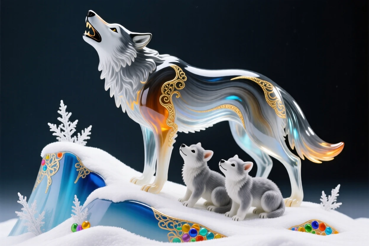 A mother wolf howling beside her pups atop a snowy ridge, primal and tender.