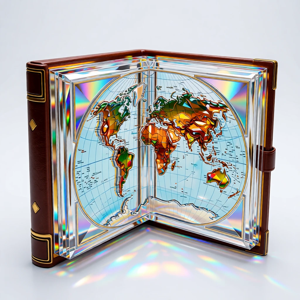 A vintage leather-bound atlas open to a hand-illustrated world map.