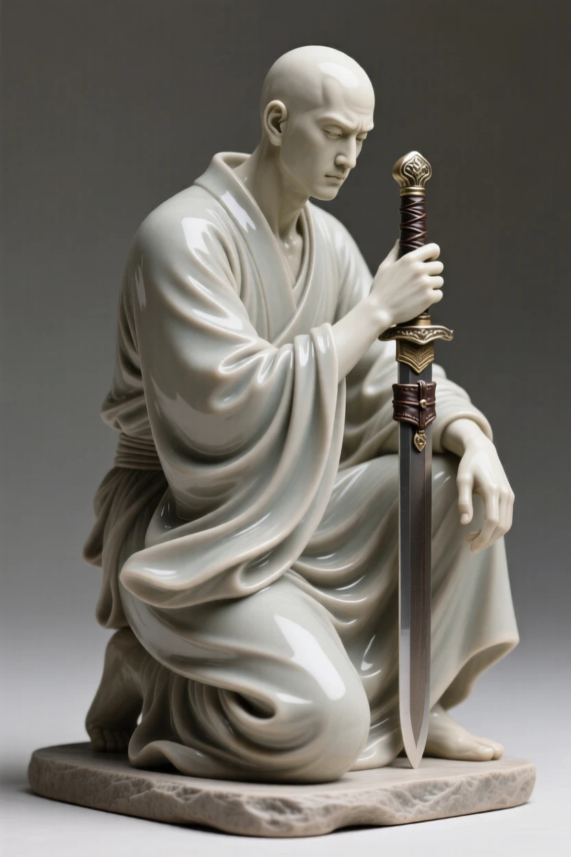 A warrior resting his hand on a sheathed sword kneeling with quiet, contemplative stillness, draped in flowing garments that ripple with movement, conveying quiet dignity and timeless beauty.