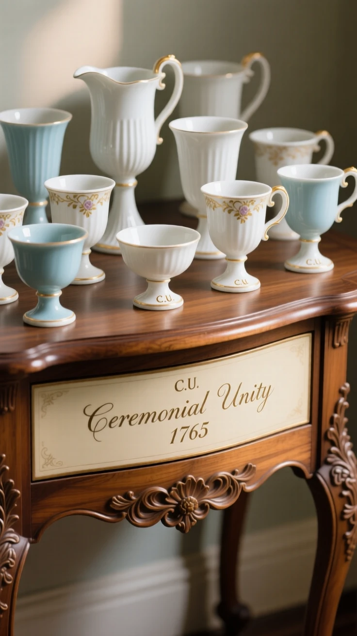 A collection of ceremonial goblets arranged across an antique dresser, softly lit to highlight fine detail.