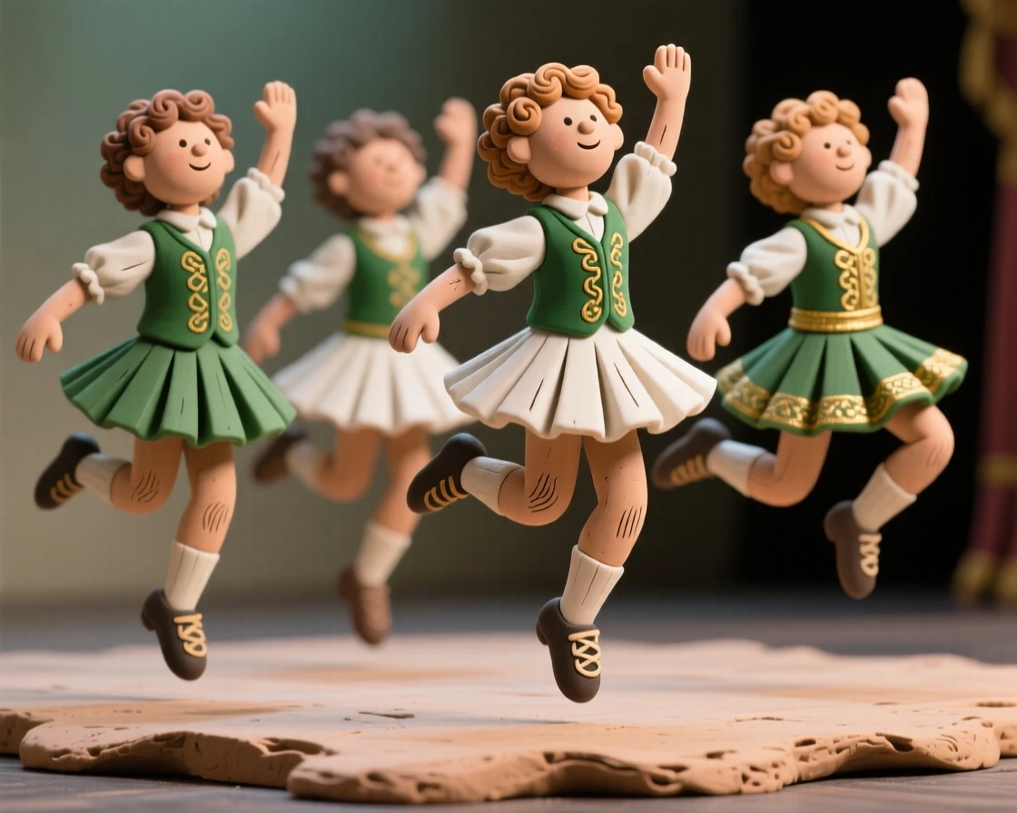 A group of dancers in traditional Irish step-dance costume mid-leap