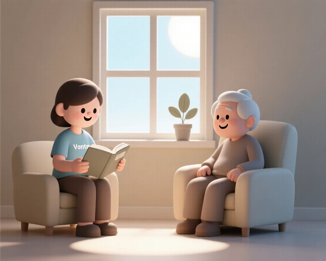 A gentle hospice volunteer reads a favorite book aloud to a smiling elderly patient by a sunny window.
