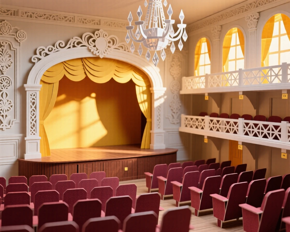 An ornate opera house auditorium bathed in golden late-afternoon light, with intricate carved details catching the light, capturing refined elegance and history.