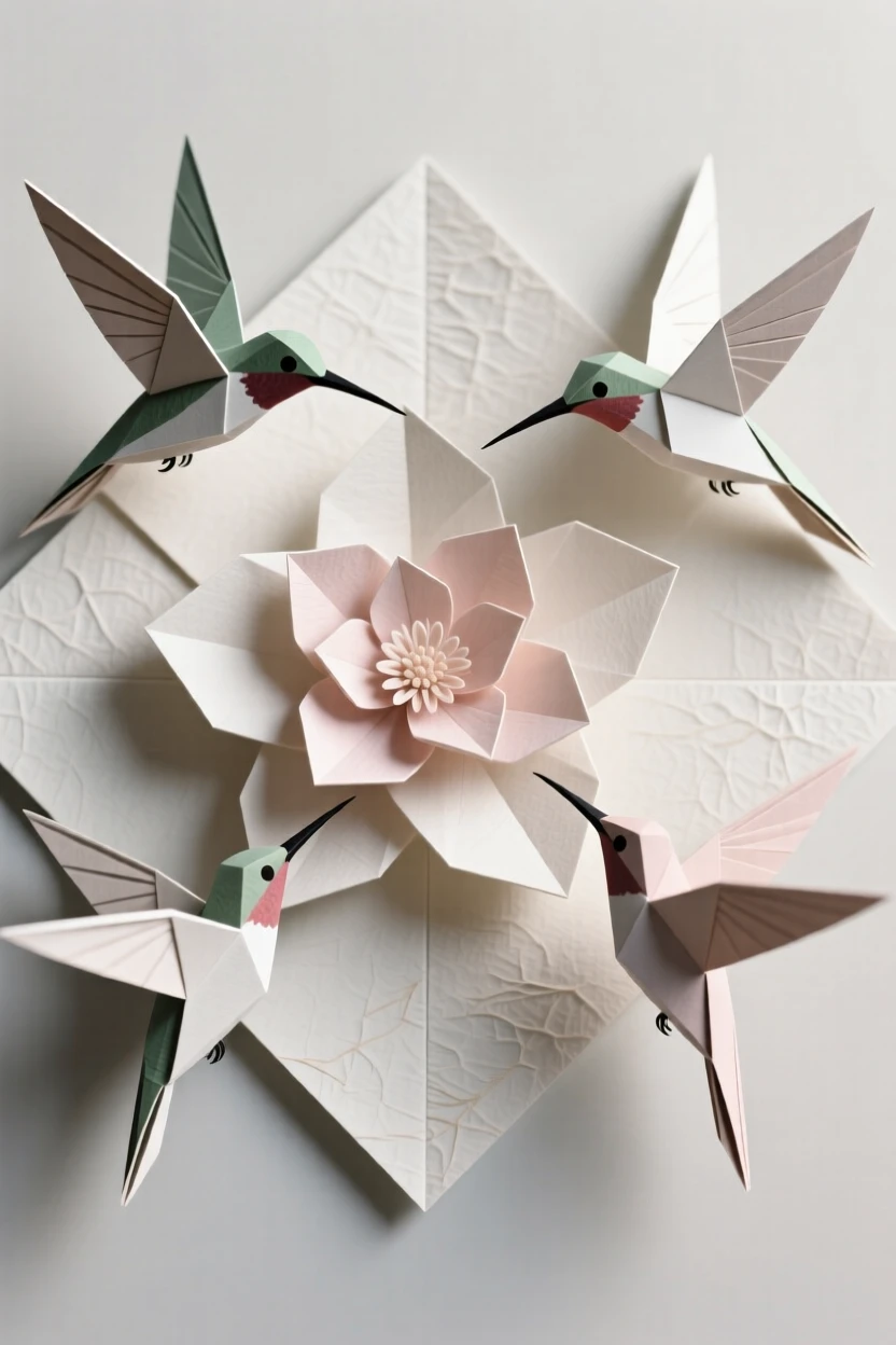 A stylized hummingbird trio circling a blooming flower in a balanced composition.