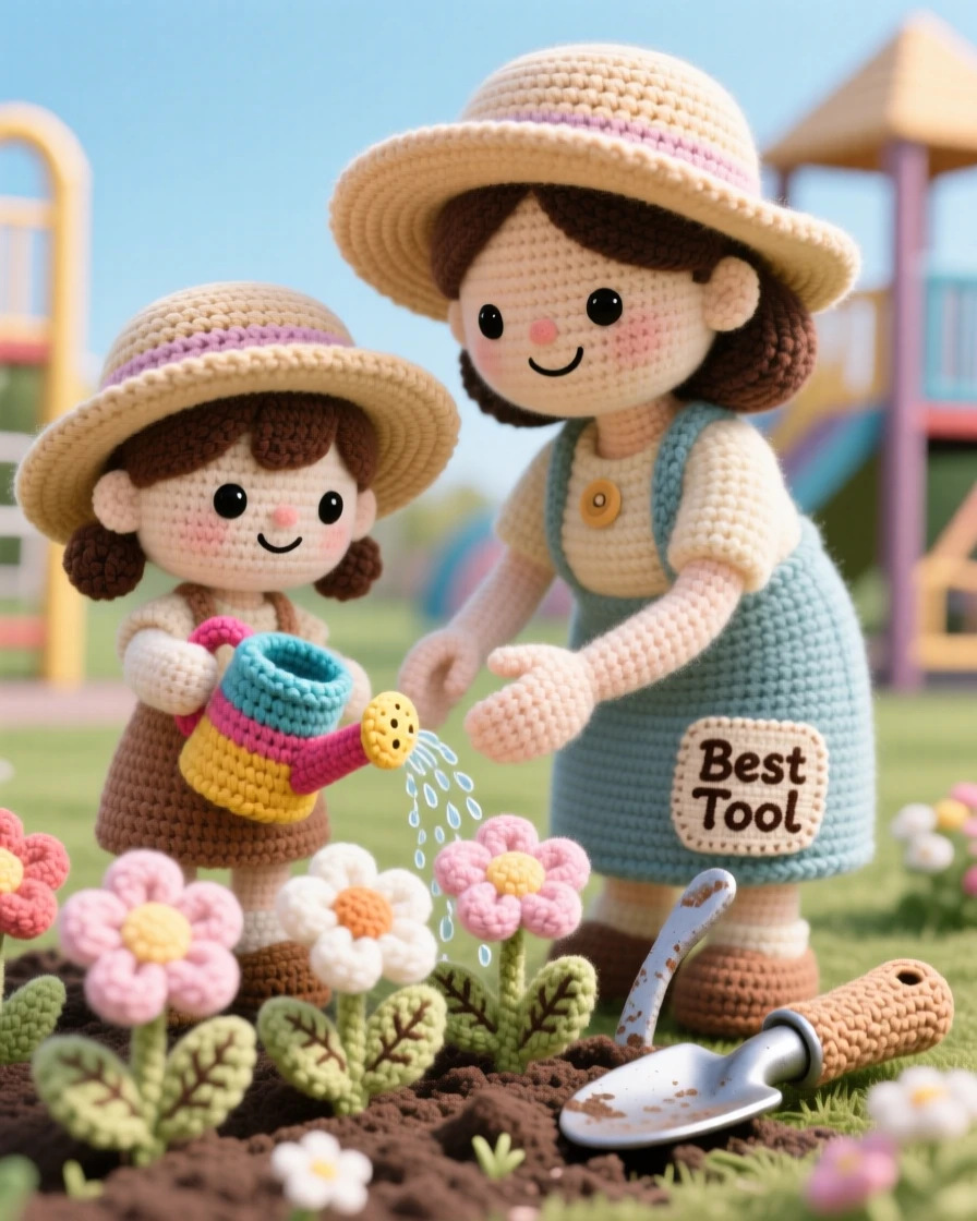 a little girl practicing gardening with her mother, both wearing sunhats, watering a row of blooming flowers, in a community playground on a clear day, with a favorite well-worn tool resting close by, radiating the simple happiness of a favorite pastime.