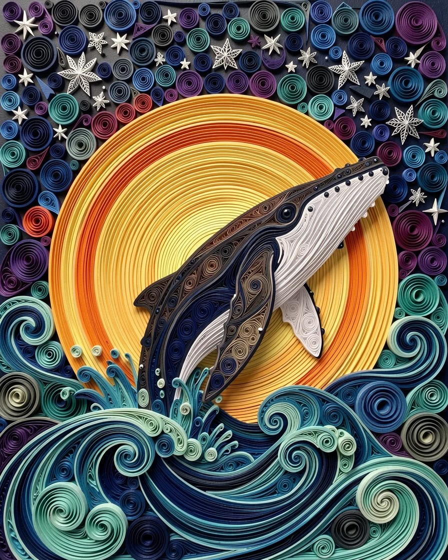 A striking wildlife scene of a humpback whale breaching against a setting sun beneath a vast star-filled night sky, with fine texture visible in every strand of fur, composed with the animal as a striking central focal point.