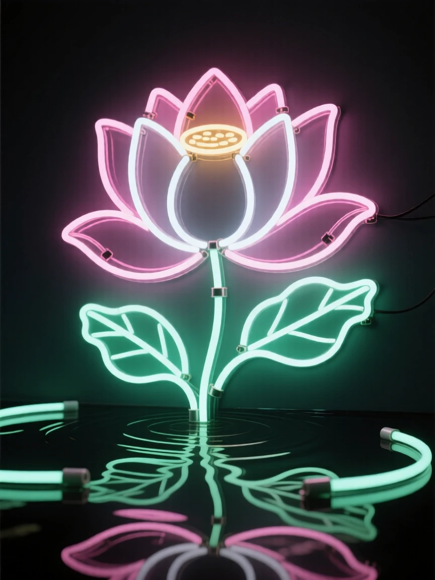A single blooming lotus flower floating on a still pond.