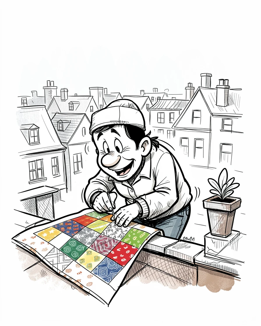 A quilter stitching together colorful fabric squares on a rooftop overlooking the city.