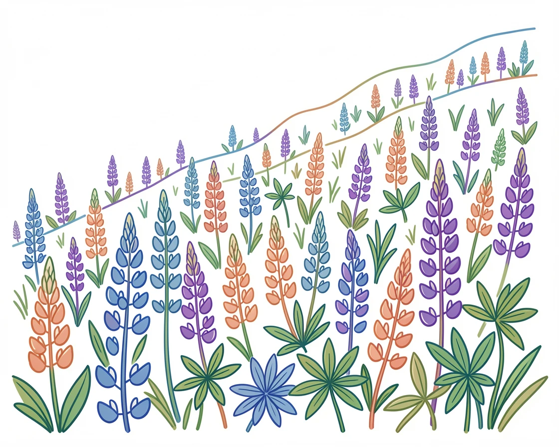 A field of wild lupines covering a coastal hillside in early summer.