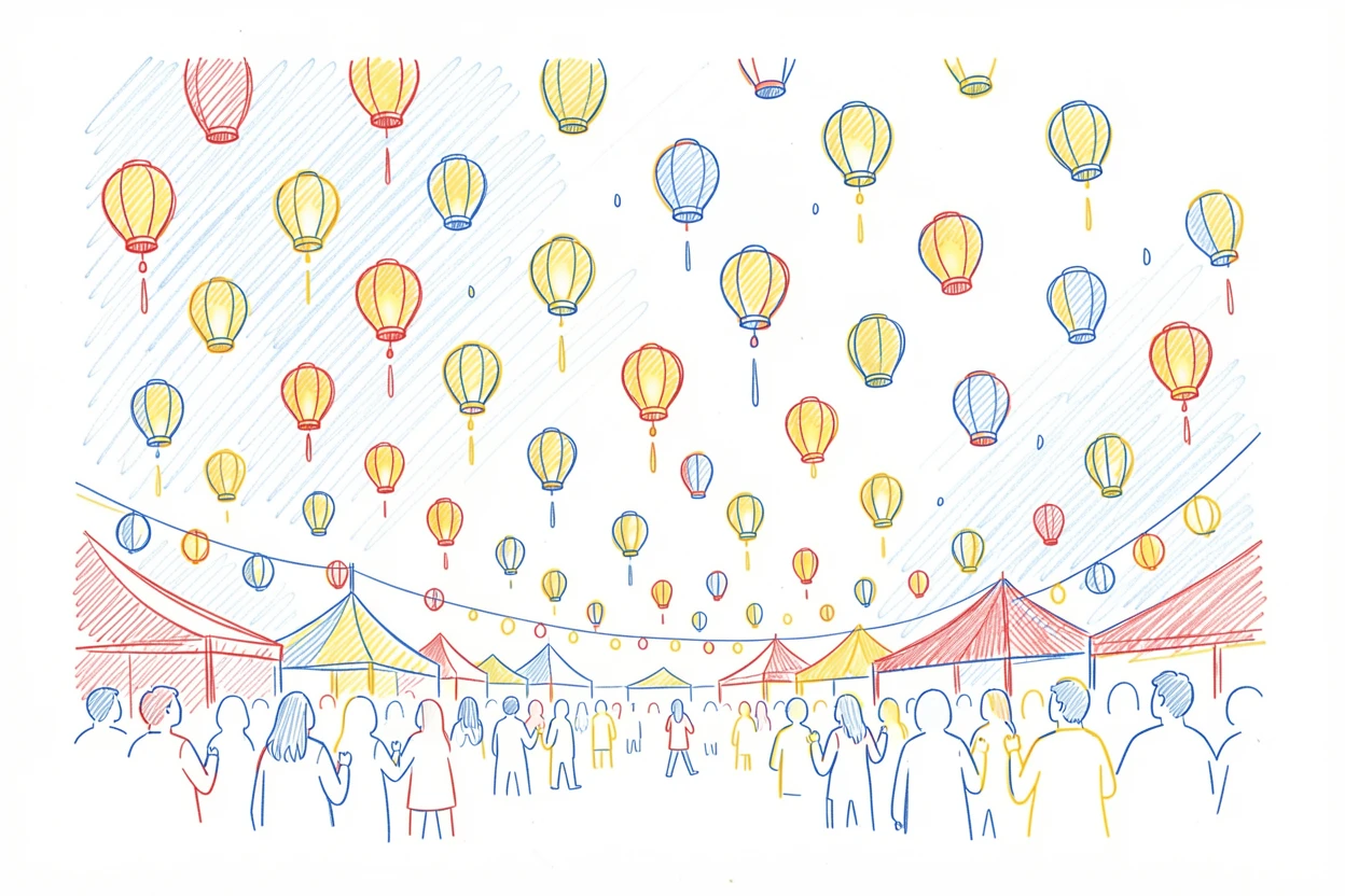 A colorful lantern festival with thousands of glowing lanterns released skyward