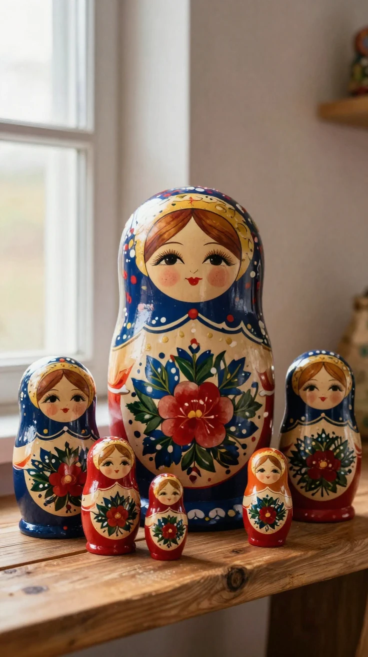 A traditional Russian nesting doll collection displayed on a shelf