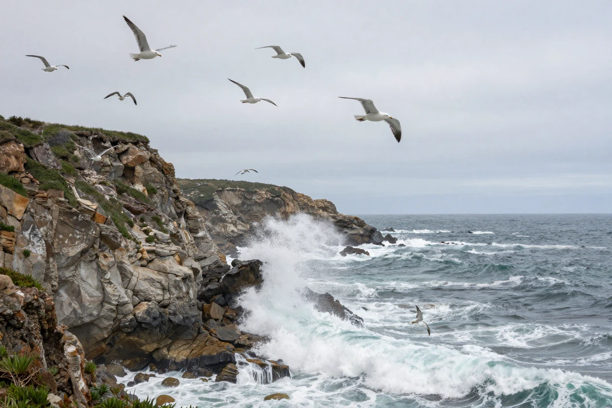 Waves crash against dramatic sea cliffs as gulls wheel overhead in the wind.