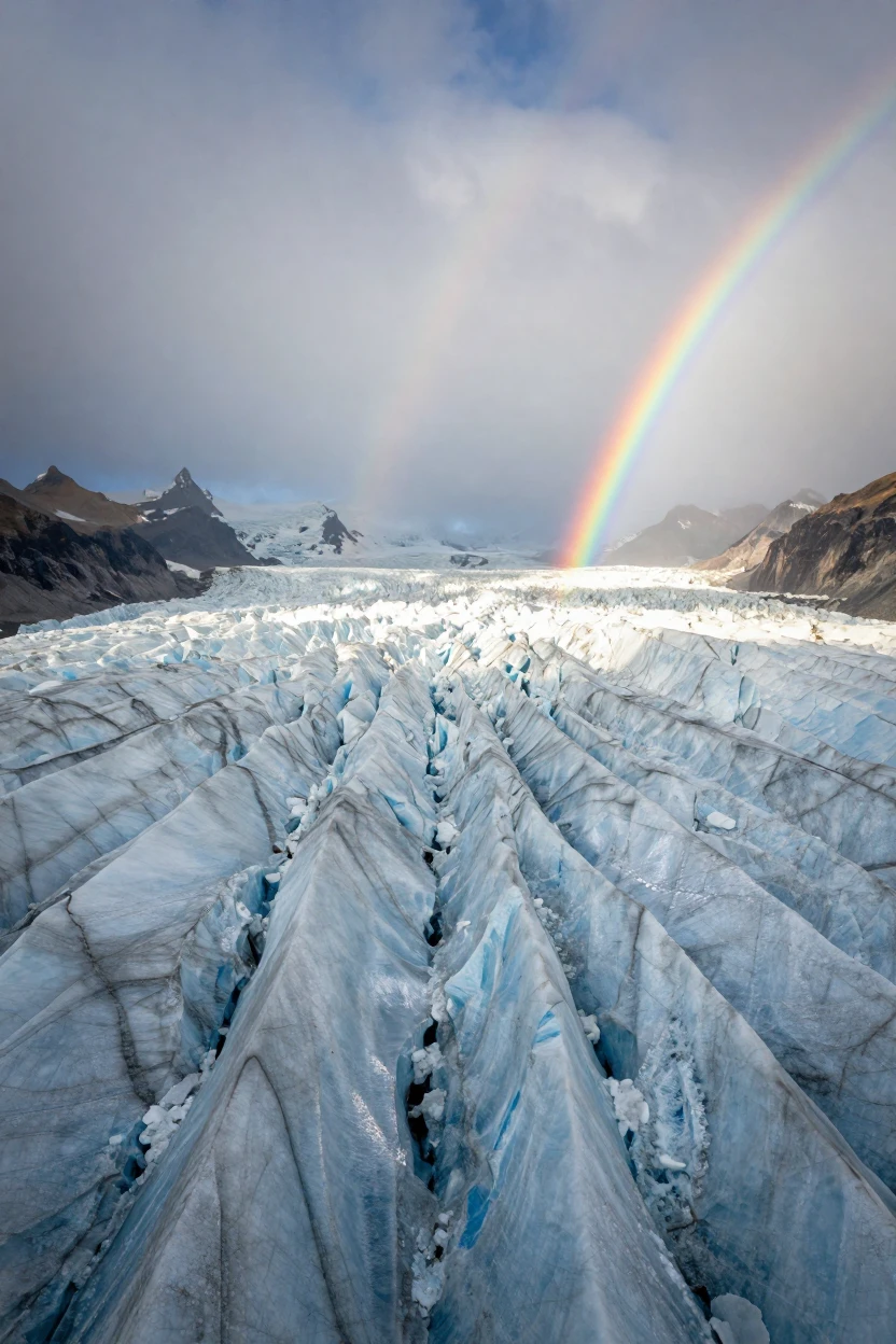 A vast glacier stretching toward distant peaks, stretching endlessly beneath a rare and vivid double rainbow