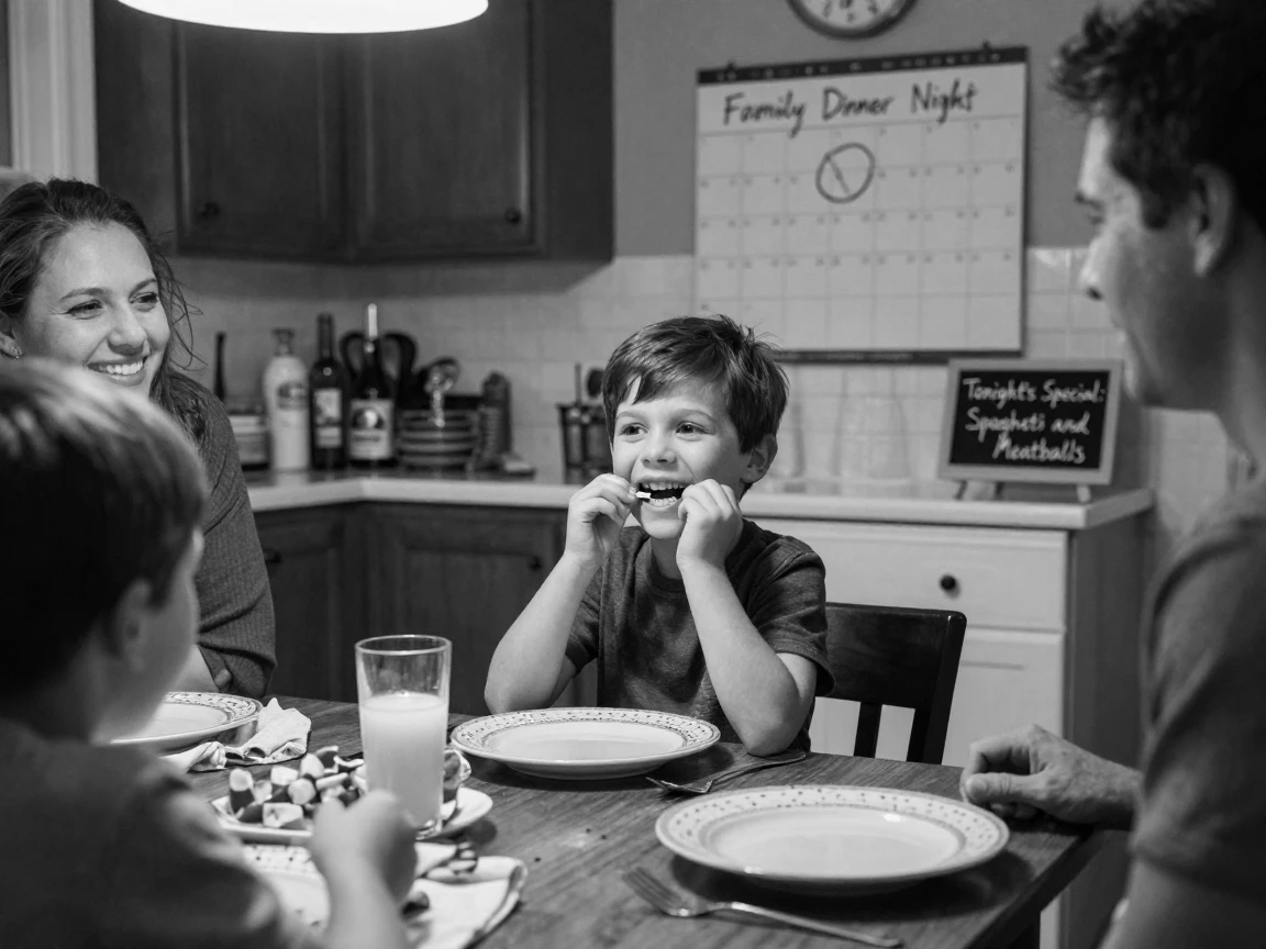 A little boy loses his first tooth at the dinner table in a cheerful family kitchen.