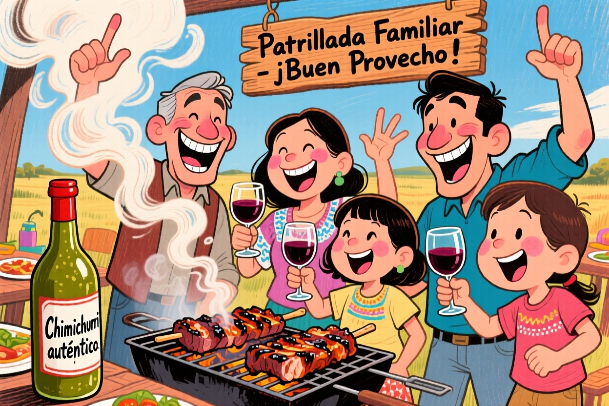 A family celebrating a traditional Argentine asado gathering with sizzling grilled meats.