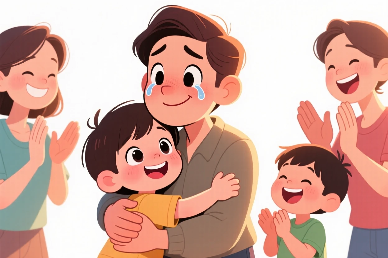 A heartwarming moment depicting a young child comforting a loved one with a warm hug, surrounded by loved ones cheering quietly.