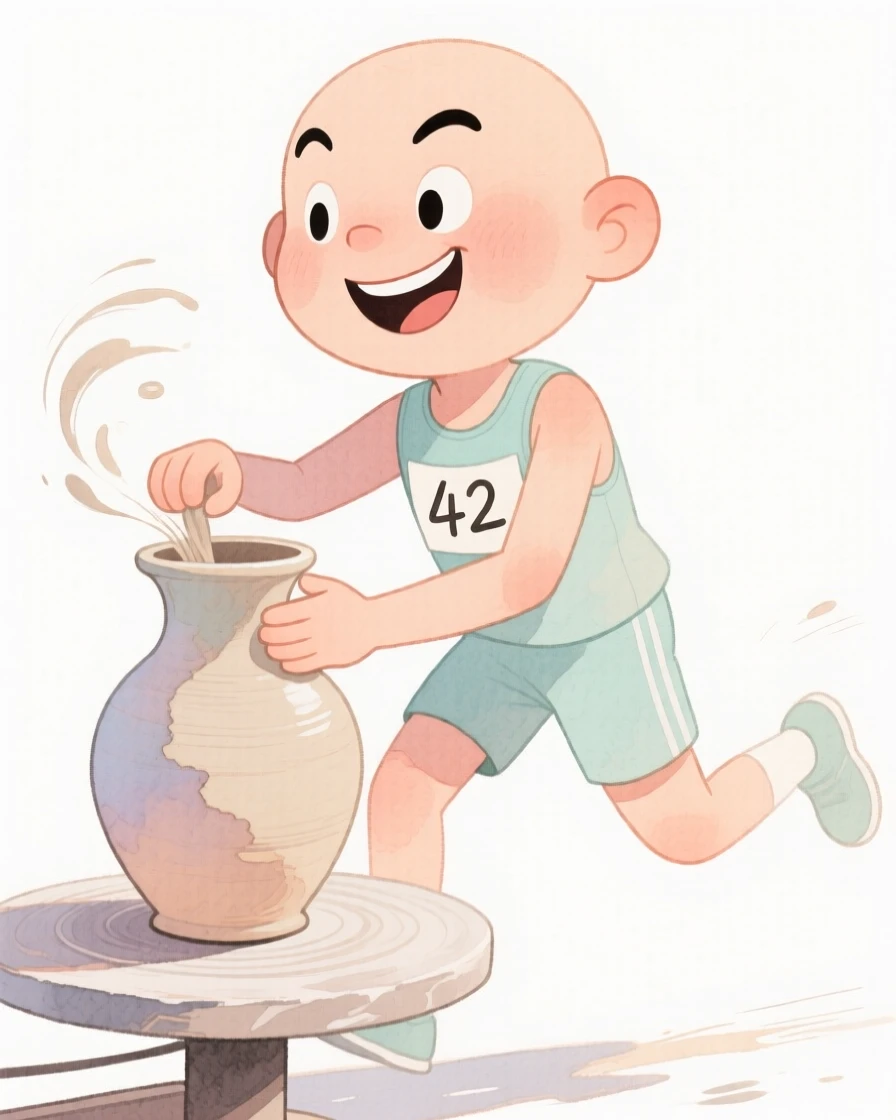 A marathon runner shaping a spinning vase of clay