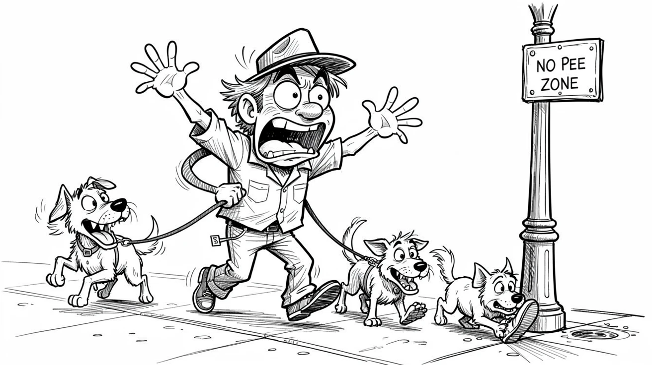 [Funny & Exaggerated Situations] Comical scene of a panicked dog walker overreacting to a minor mishap, exaggerated for maximum laughs