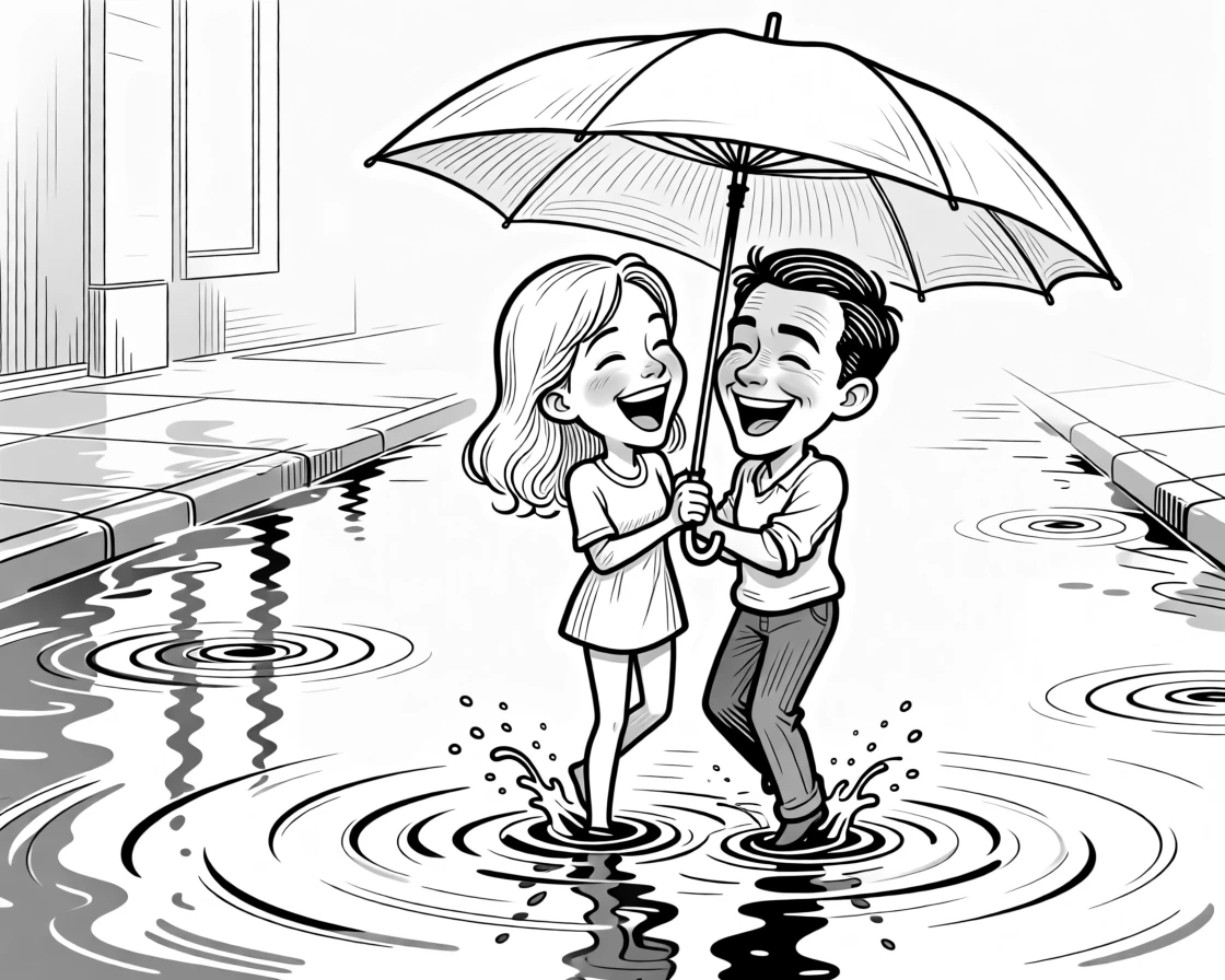 Two people caught mid-laugh under a shared umbrella, collapsing the fort with a burst of shared laughter, set splashing through a flooded sidewalk. Puddle ripples spread outward with every step. The scene feels like a love story told through small moments.