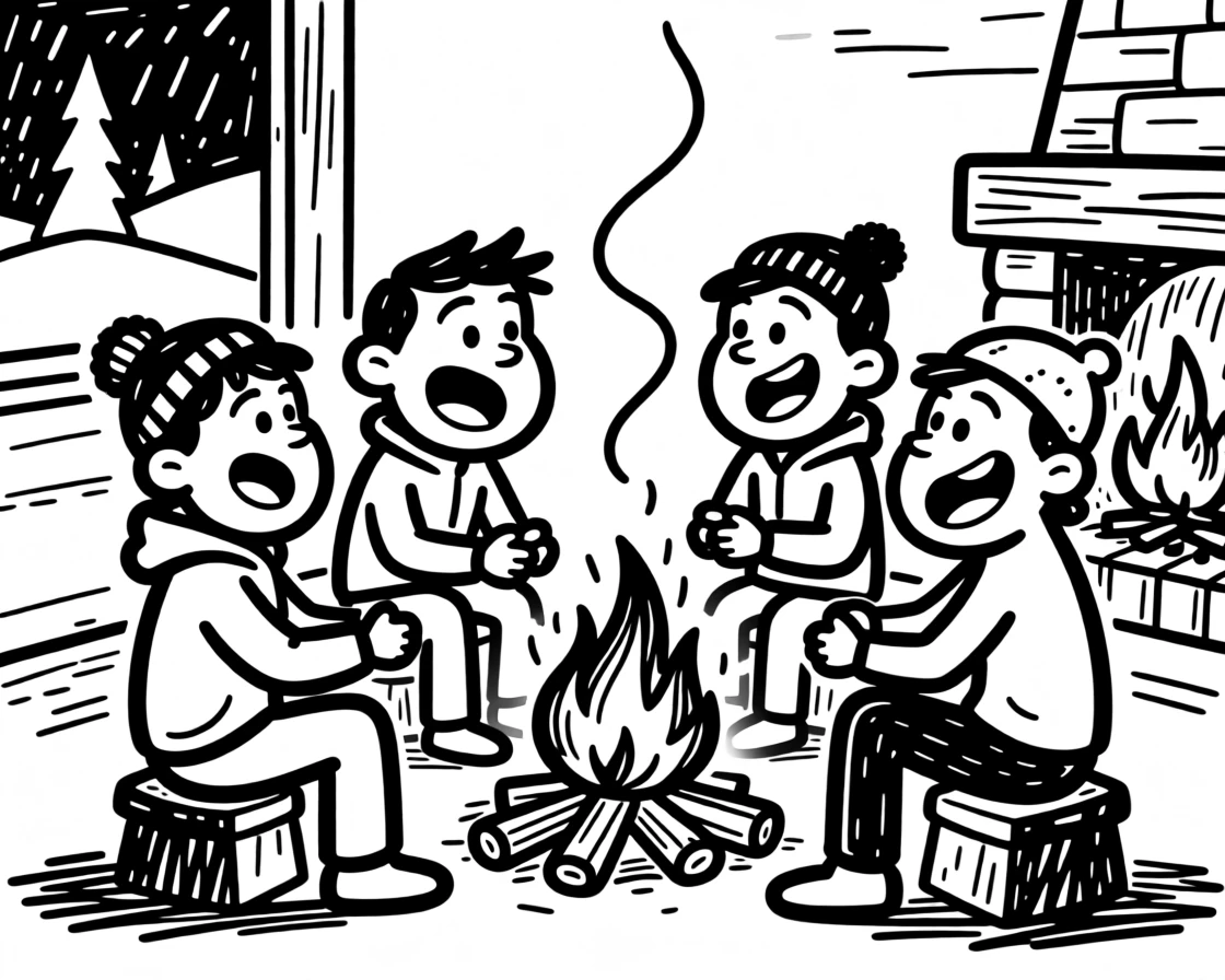 A cozy ski lodge scene with friends warming up by the fire after a day on the slopes.