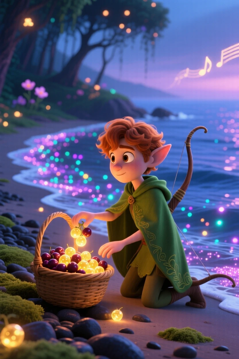 A wandering elf archer stands on the shore of a sea made of stardust, gathering glowing berries into a basket. A magical, wondrous stillness fills the scene, with faint music seeming to drift on the breeze.