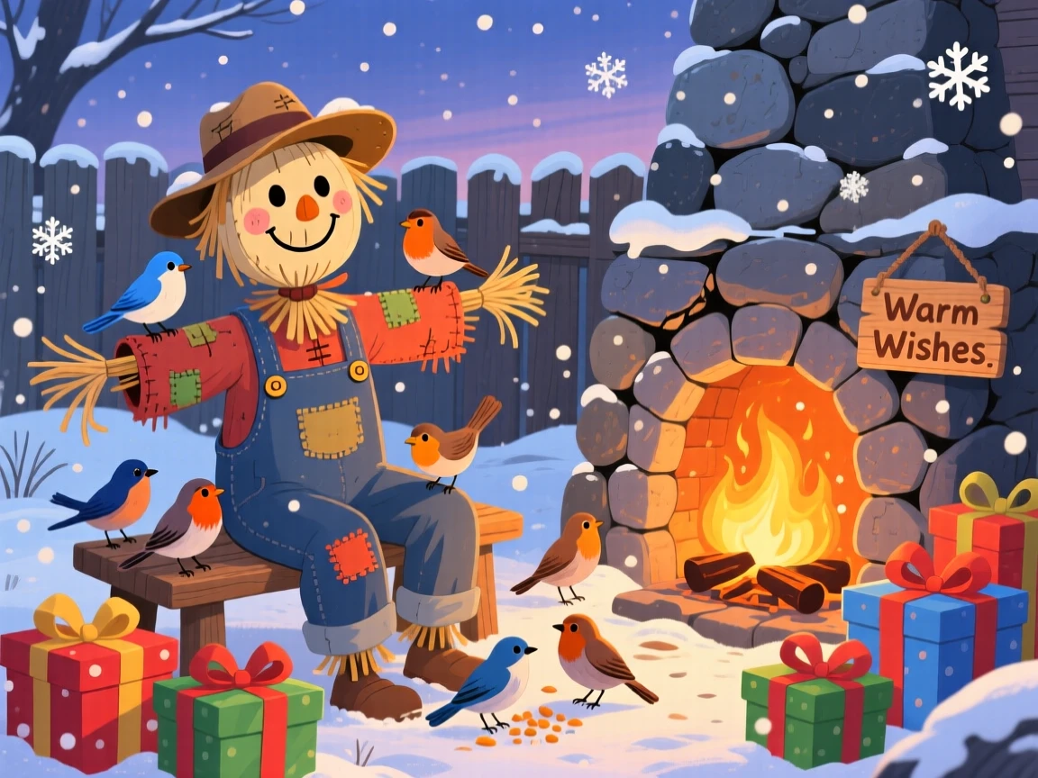 A scarecrow and a flock of birds spend the evening opening presents beside a crackling fireplace in a frosty backyard, as snowflakes drift softly down.