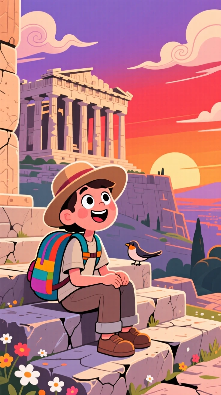 A traveler watching sunset from the steps of the Acropolis.